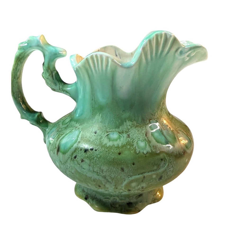 Drip Glaze Studio Pottery Pitcher Green Ewer Wabi Sabi Scalloped Art Nouveau‎